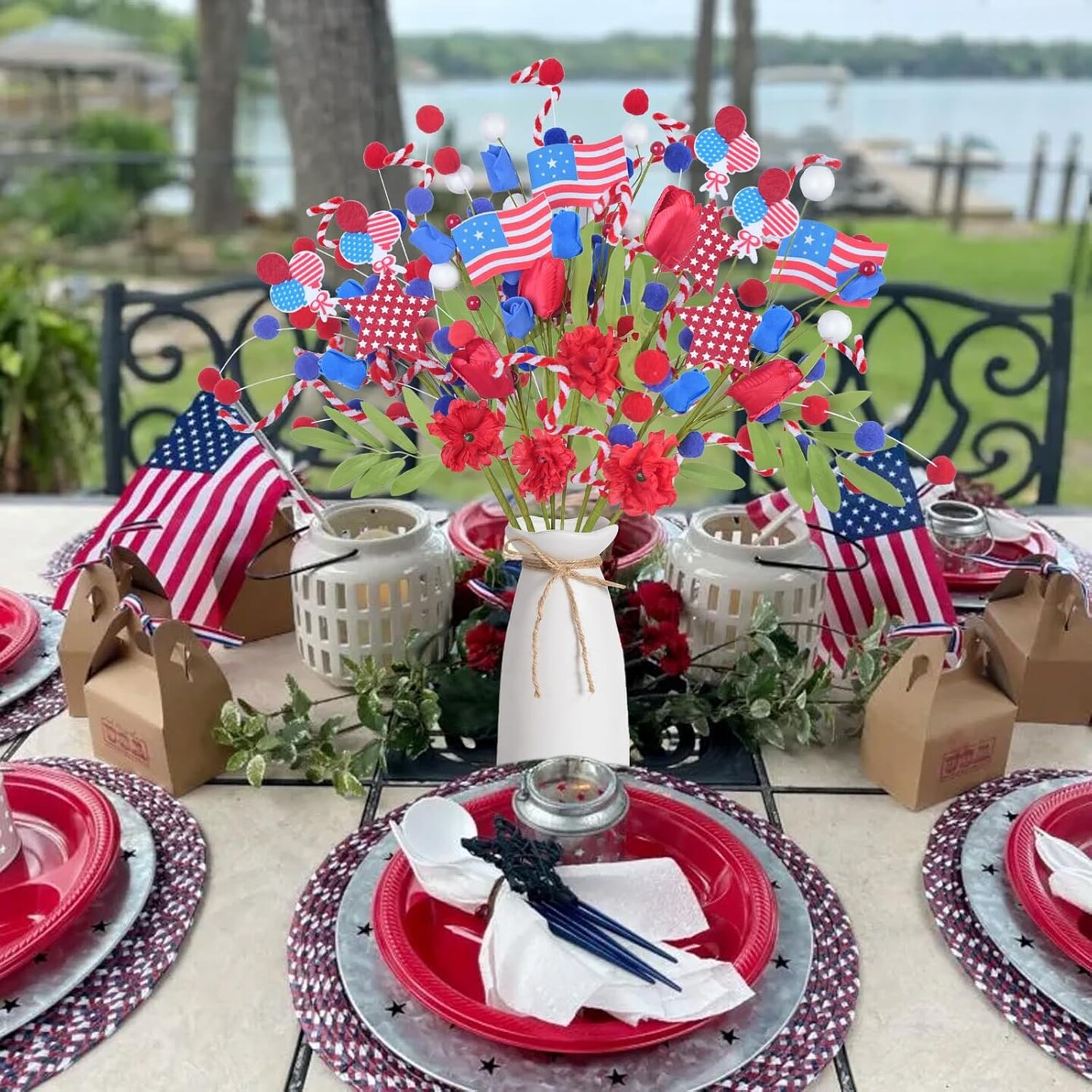 8 Pcs Patriotic Flowers Artificial Tulips, Red White Blue Silk Flowers with Berries American Flags Balloons Stars for 4th of July Home Decor, Living Room Kitchen Centerpiece Table Decorations