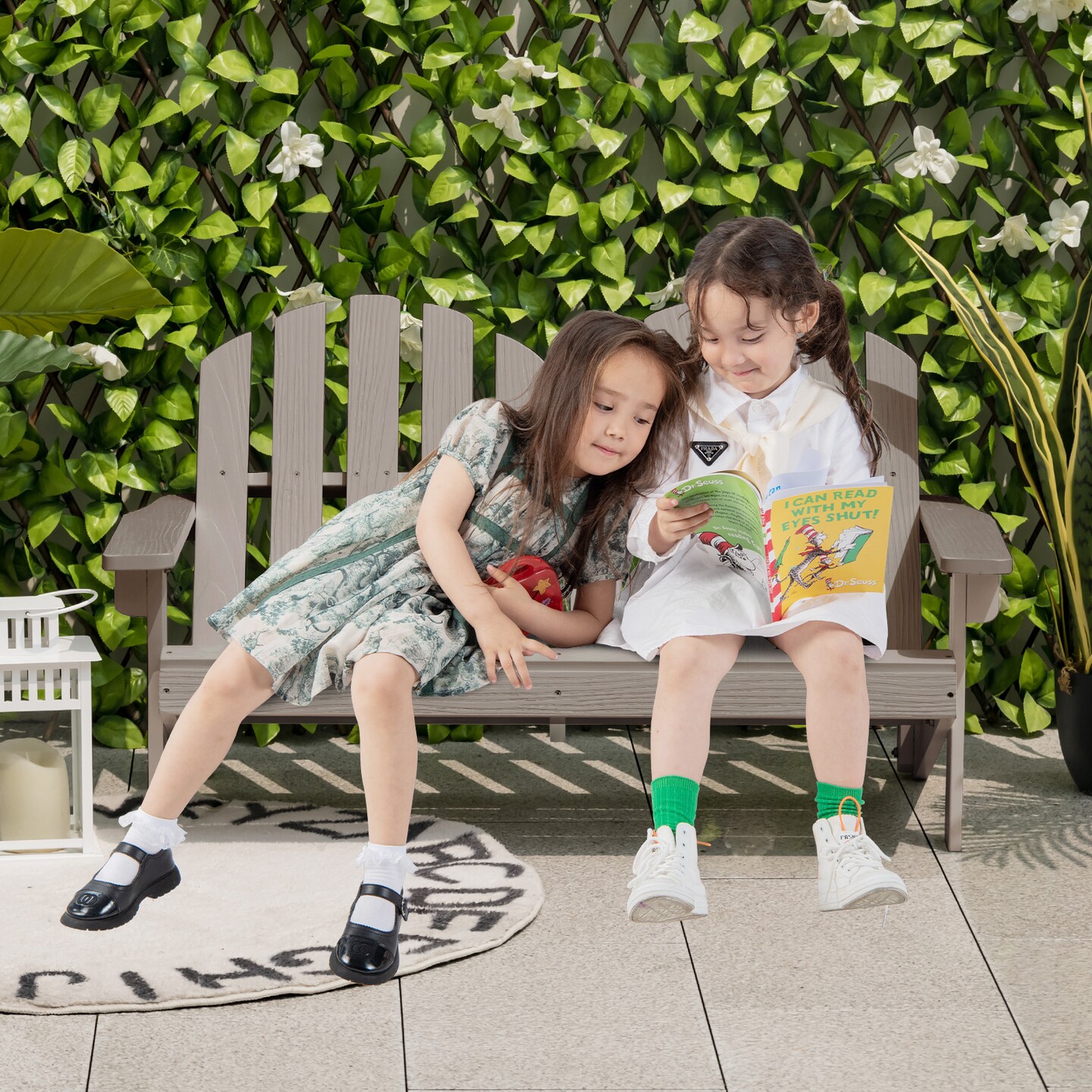 2 Person Grey Adirondack Chair for Kids Crafted from Fir Wood with Waterproof Paint and Breathable Seat