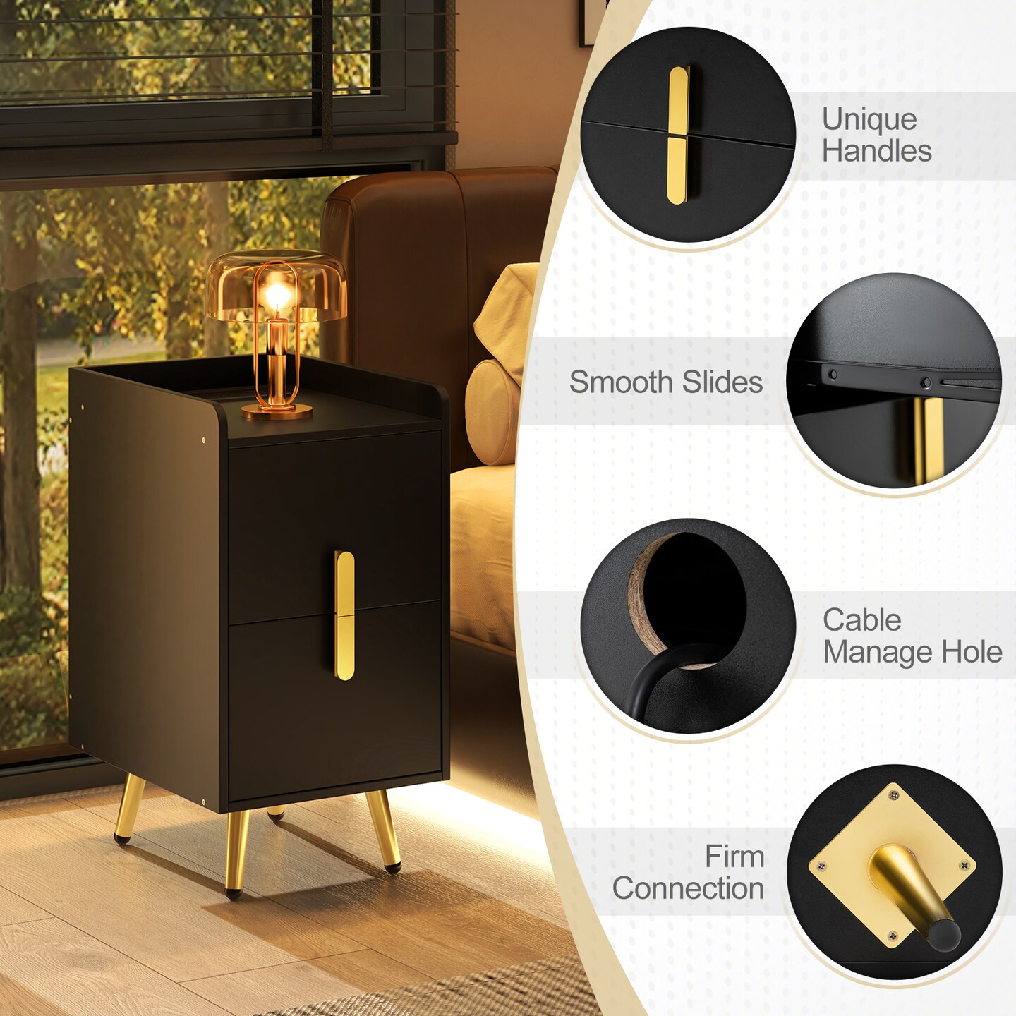 End Table Nightstand with Built-In Charging Station 2 USB Ports and 3 AC Outlets Drawers for Bedroom Office