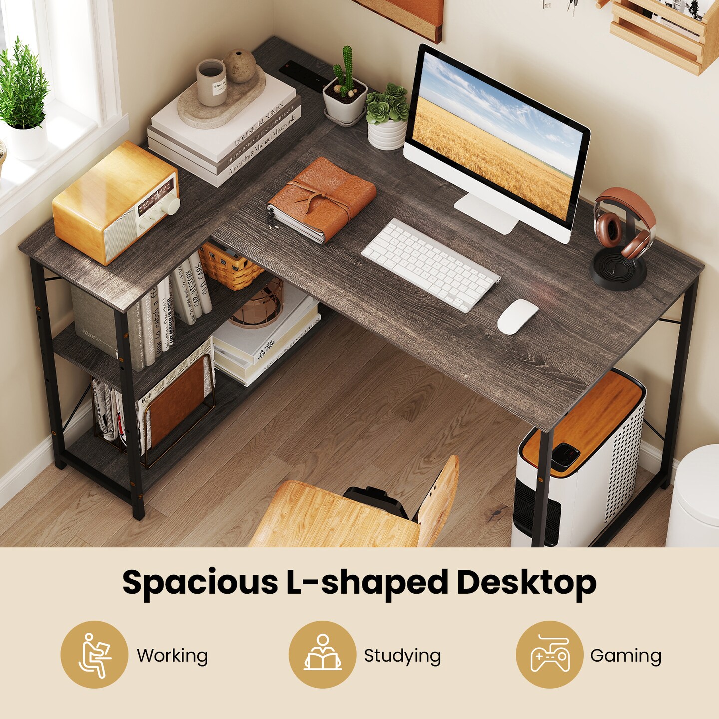 47 Inch L Shaped Computer Desk with Charging Station and Corner Storage Shelves