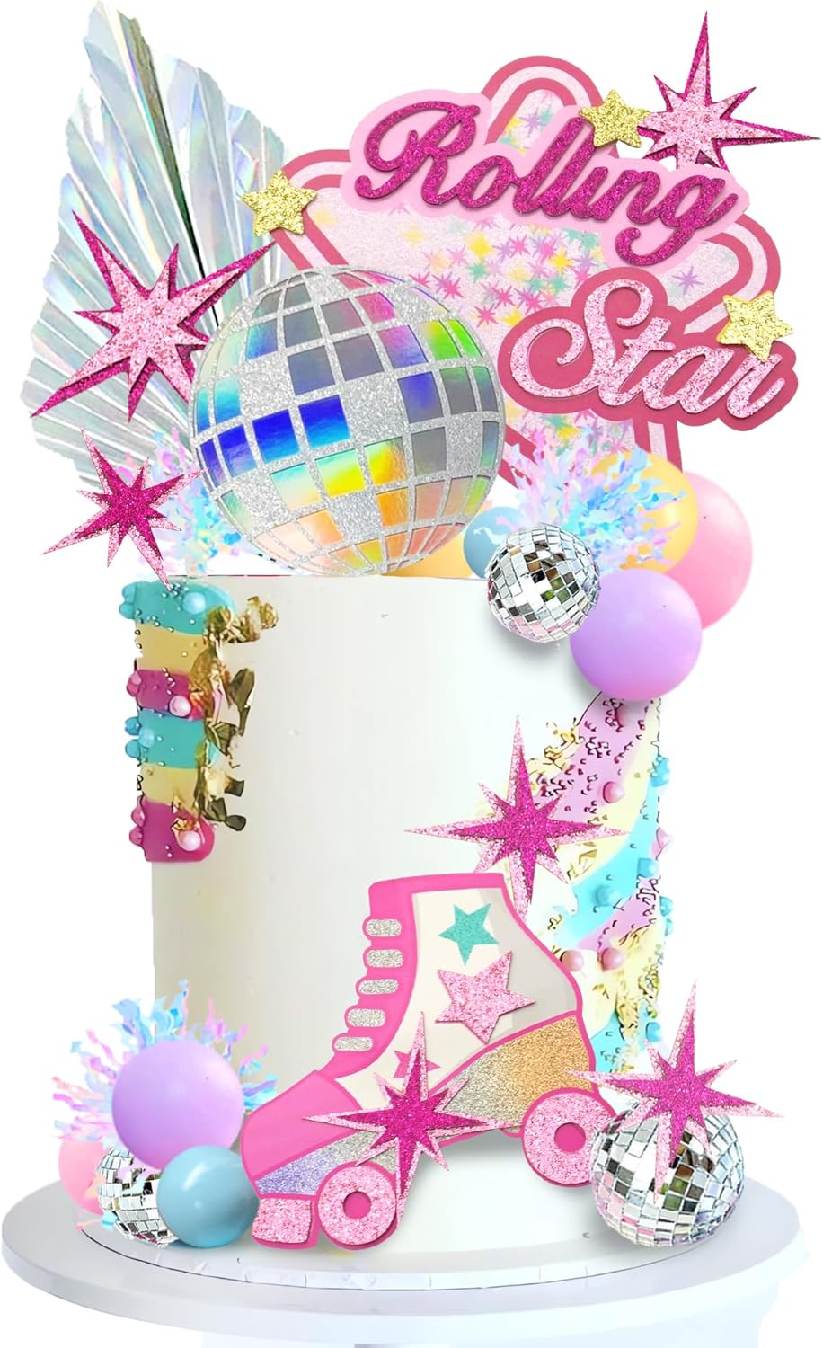 Roller Skate Cake Topper Disco Ball Cake Toppers Pastel Ball Cake Decorations Hot Pink Stars for Girls 80s 90s Skating Hip Hop Theme Rolling Party Decorations