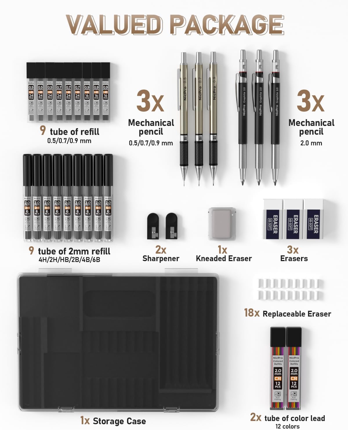 35PCS Art Mechanical Pencil Set, 3 PCS Metal Drafting Pencil 0.5 mm &#x26; 0.7 mm &#x26; 0.9 mm &#x26; 3 PCS 2mm Lead Holder (6B 4B 2B HB 2H 4H Colors) For Sketching Drawing With 20 Tube Lead Refills Case