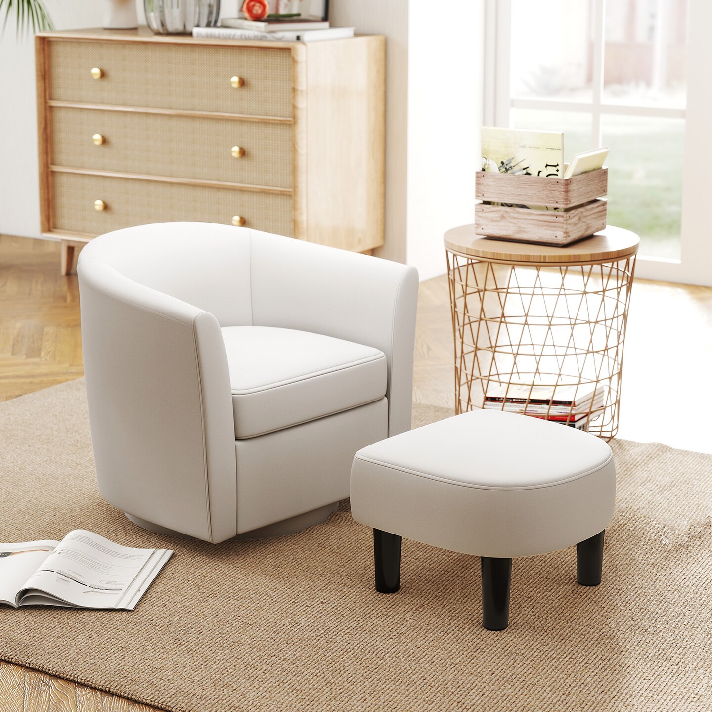 Modern Swivel Chair with Curved Backrest Ottoman and Removable Machine-Washable Cushion