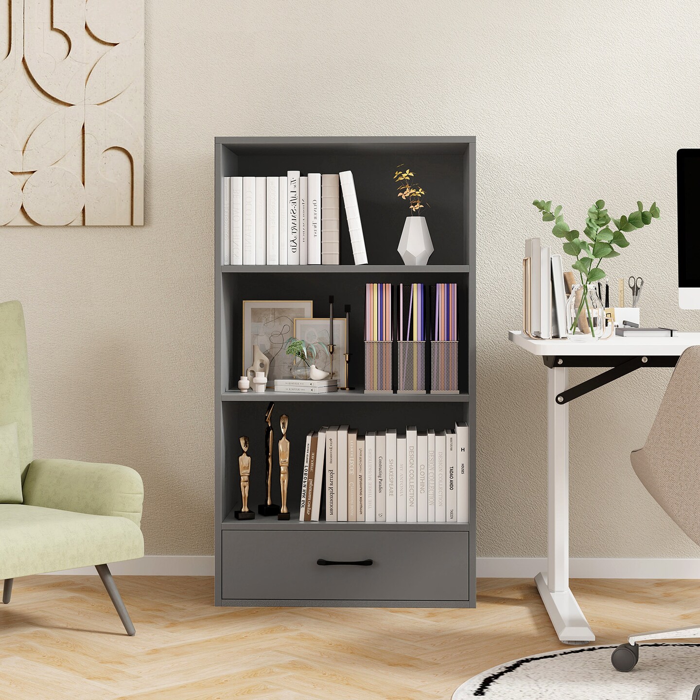 Storage Bookshelf with Drawer and 3 Open Shelves for Study or Bedroom