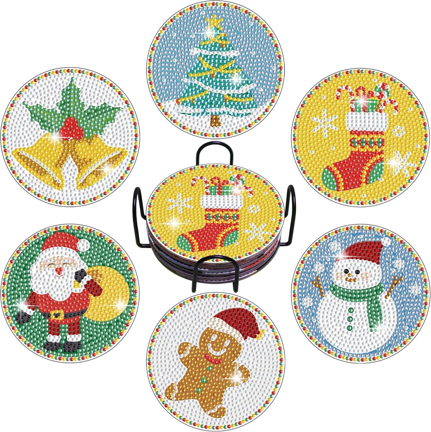 Christmas Diamond Painting Kits, 6PCS Christmas Diamond Painting Coasters with Holder, DIY Diamond Art Coasters with Stickable Cork Bases, Diamond Art Kits for Adults