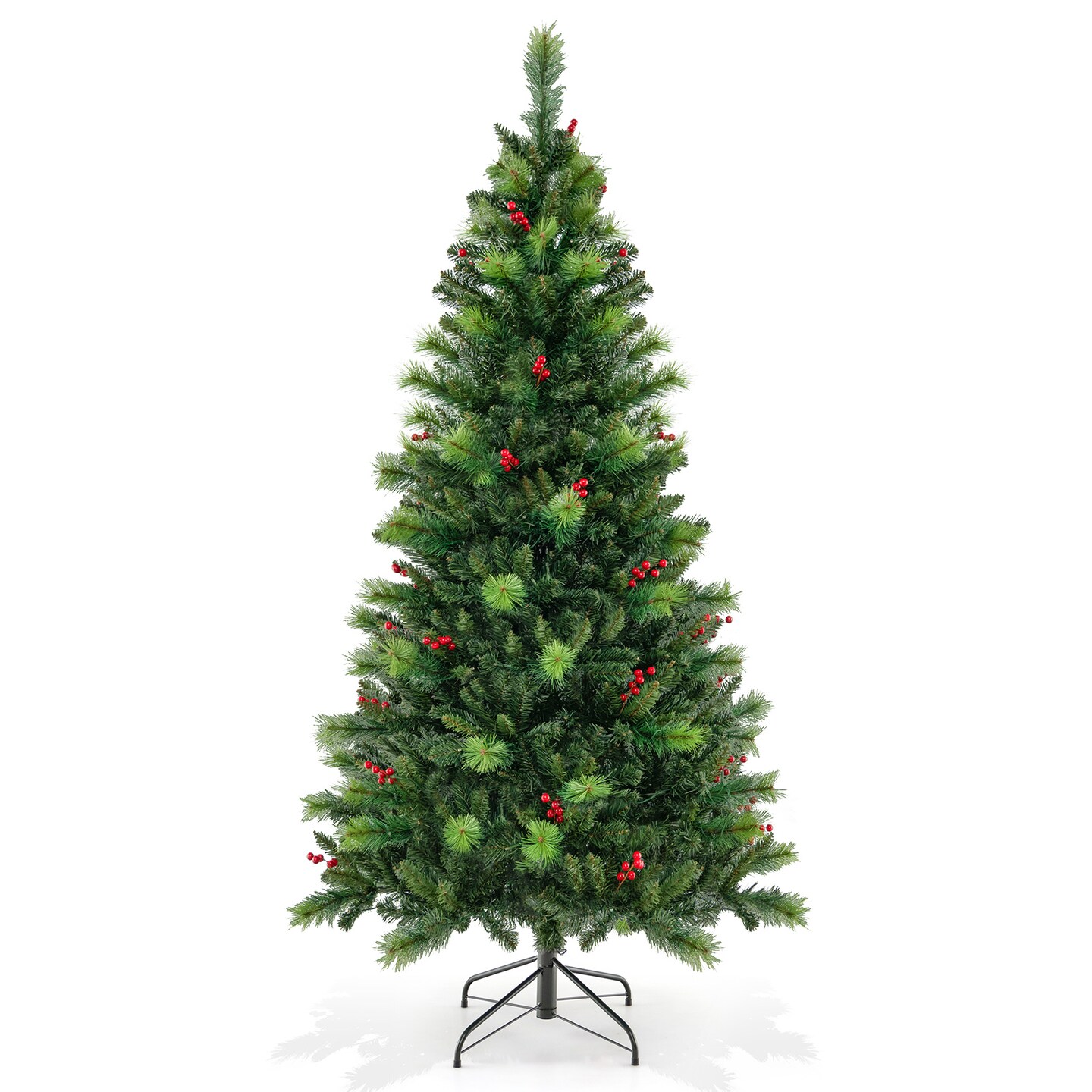 Green Pre-Lit Artificial Christmas Tree with LED Lights, Red Berries and Hinged Branches