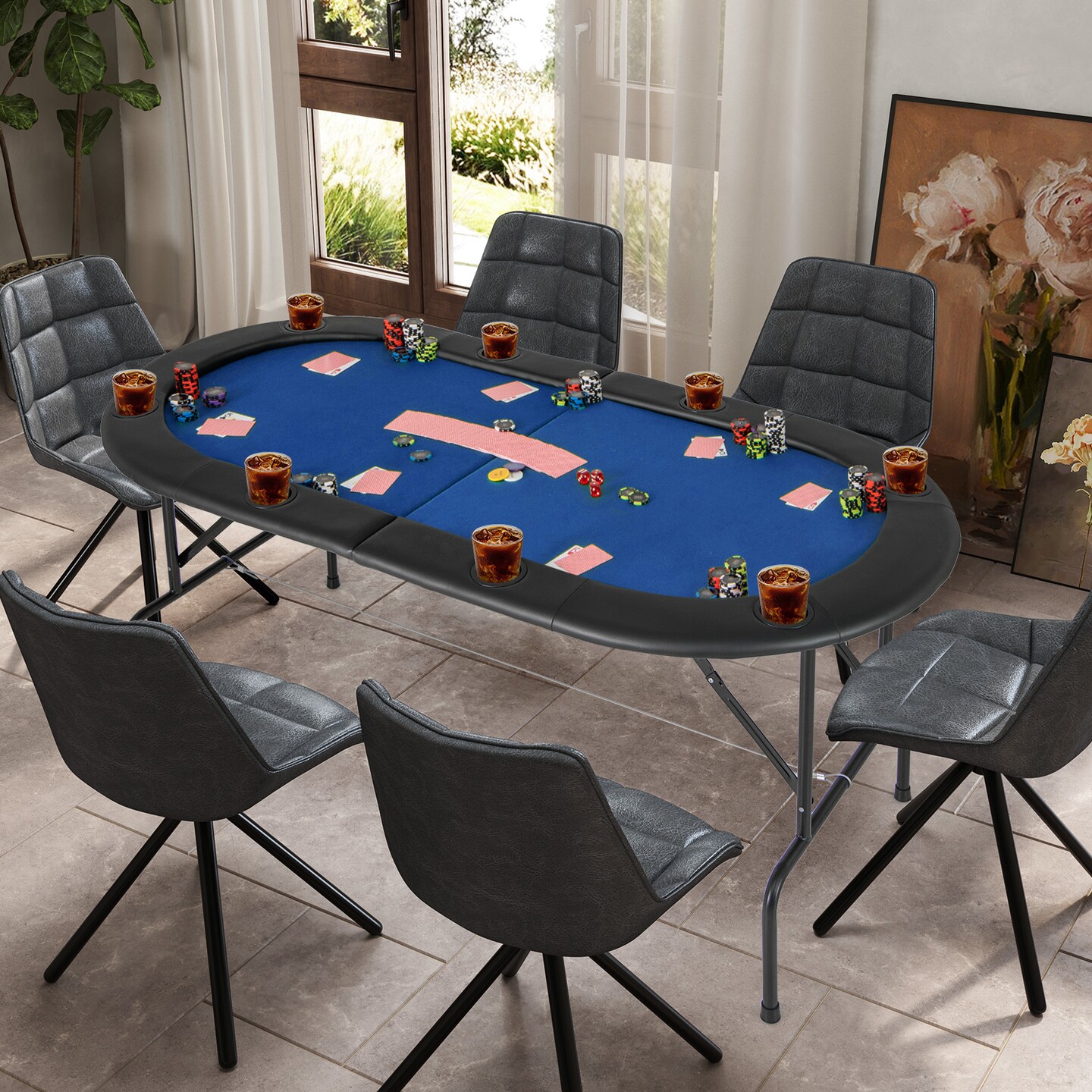 8 Player Foldable Poker Table with Smooth Felt Surface and Comfortable Armrests