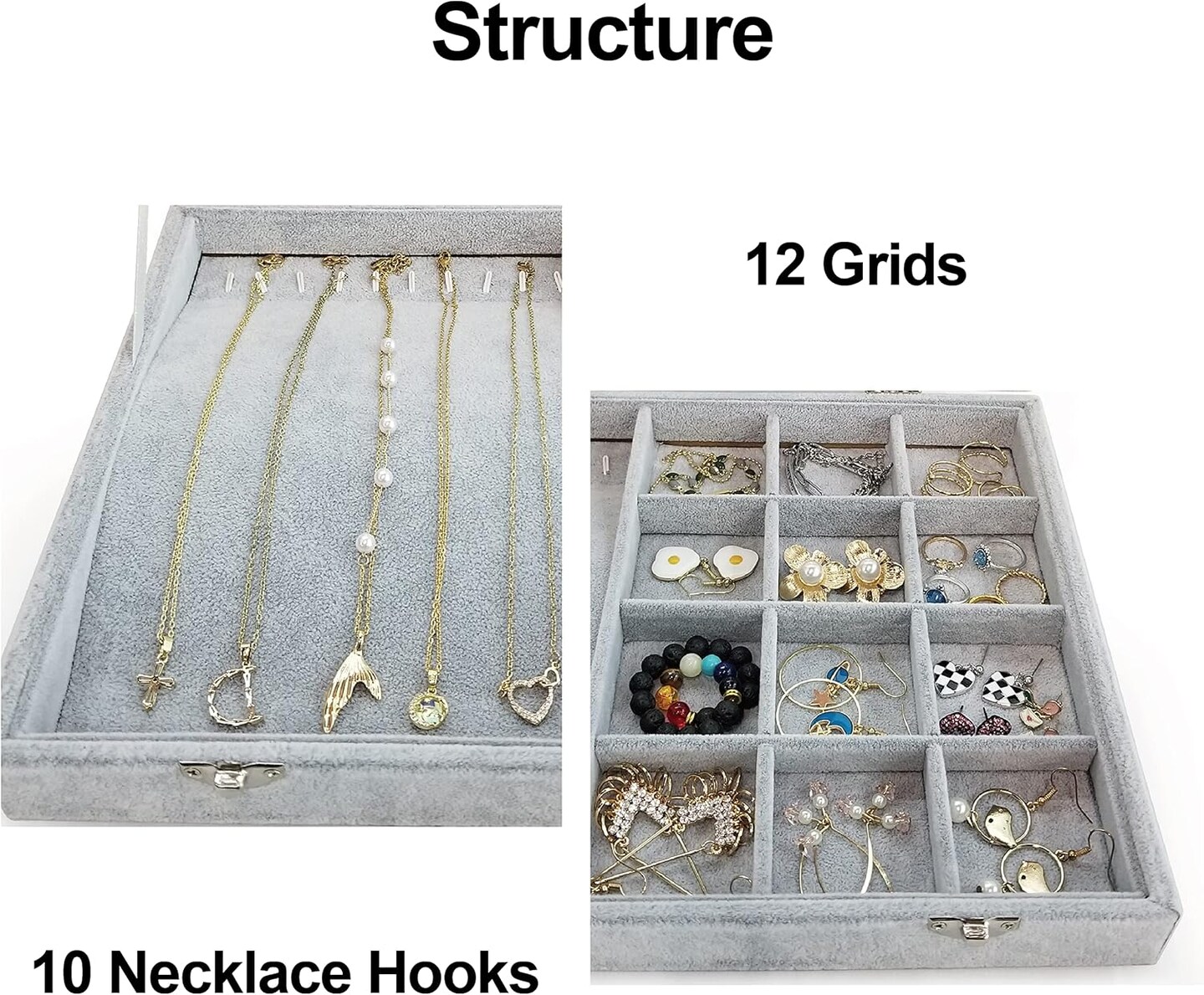 Ice Velvet Jewelry Box Display Case with a Clear Glass Window,10 Hooks Necklace Organizer Box and 12 Grids for Earrings Rings Storage Grey