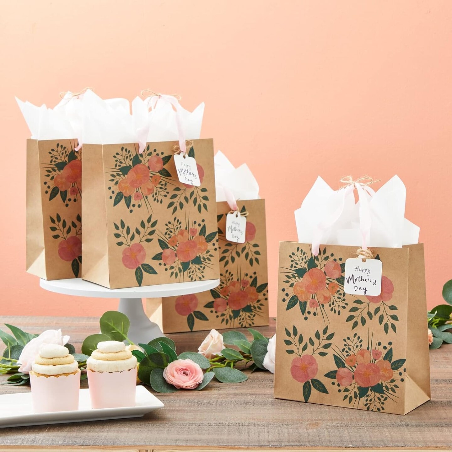 24 Pack Kraft Paper Floral Gift Bags with Pink Ribbon Handles - 2 Designs, For Themed Party Favors, Mother's Day, Weddings, Birthdays - 8x4x9 Inches Gift Bags With Handles