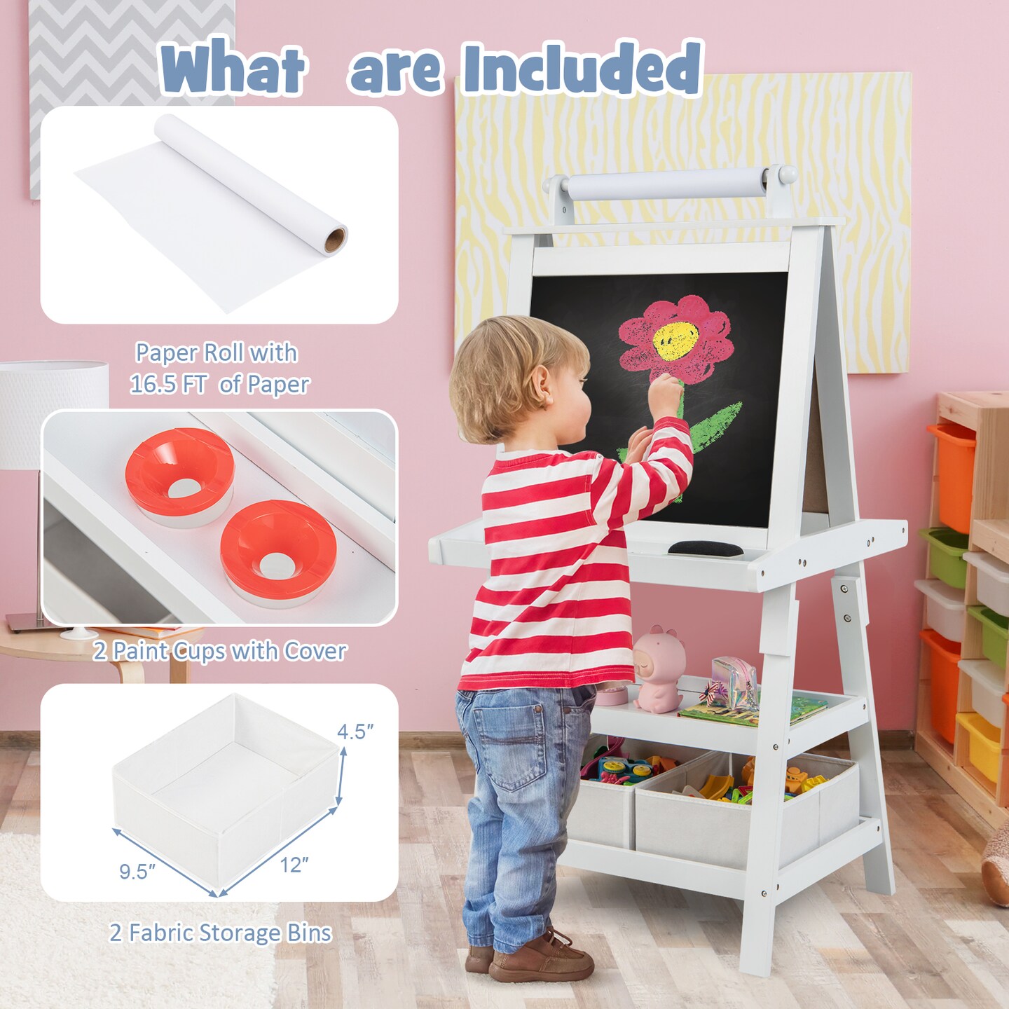 3-in-1 Kids Art Easel with Double-Sided Blackboard-Whiteboard and Paper Roll and Storage Shelves