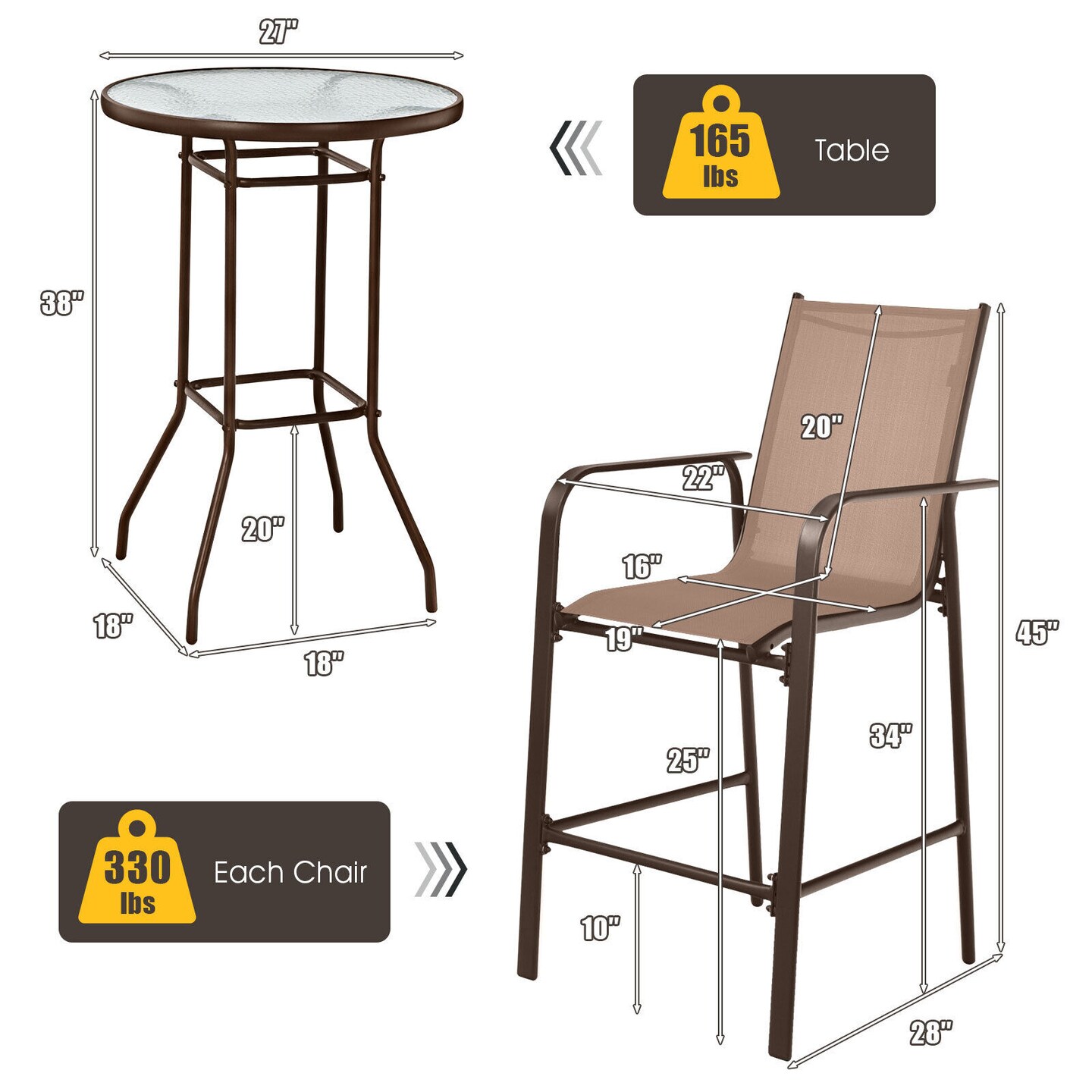 3-Piece Outdoor Patio Bar Set with 2 Stools & Tempered Glass Table, Brown Steel Frame & Breathable Fabric