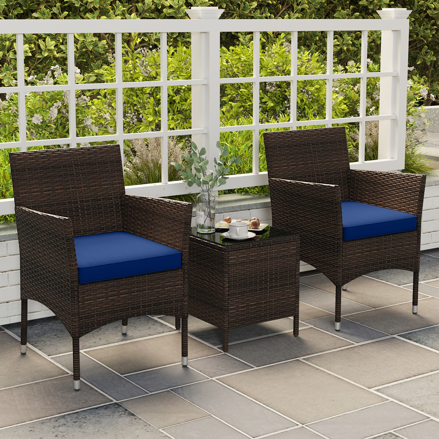 Rattan 3 Piece Outdoor Conversation Set with Cushioned Seats and Glass Table
