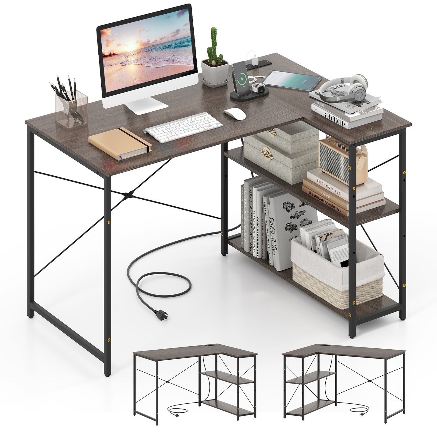 47 Inch L Shaped Computer Desk with Charging Station and Corner Storage Shelves