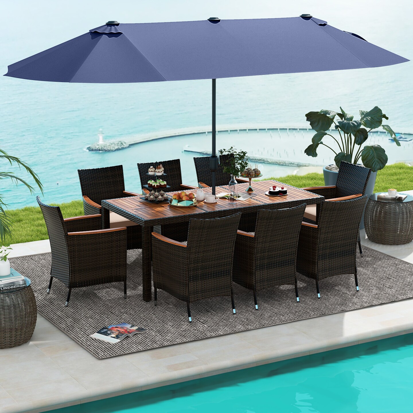 11-Piece Outdoor Dining Set with 15 Feet Umbrella, Cushions, and Acacia Wood