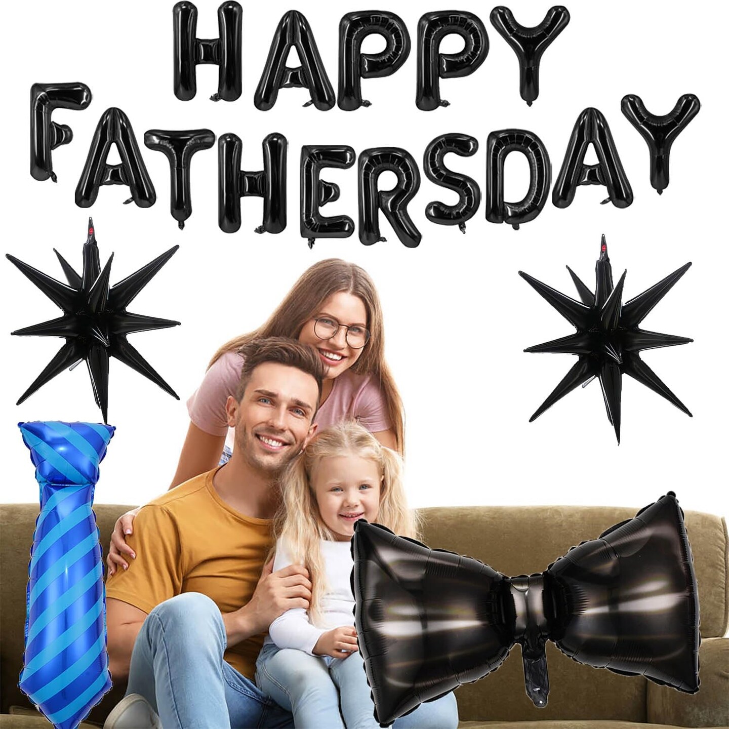 19Pcs Father’s Day Balloon Set – Black Foil Balloons with Bow, Star & Tie Decorations