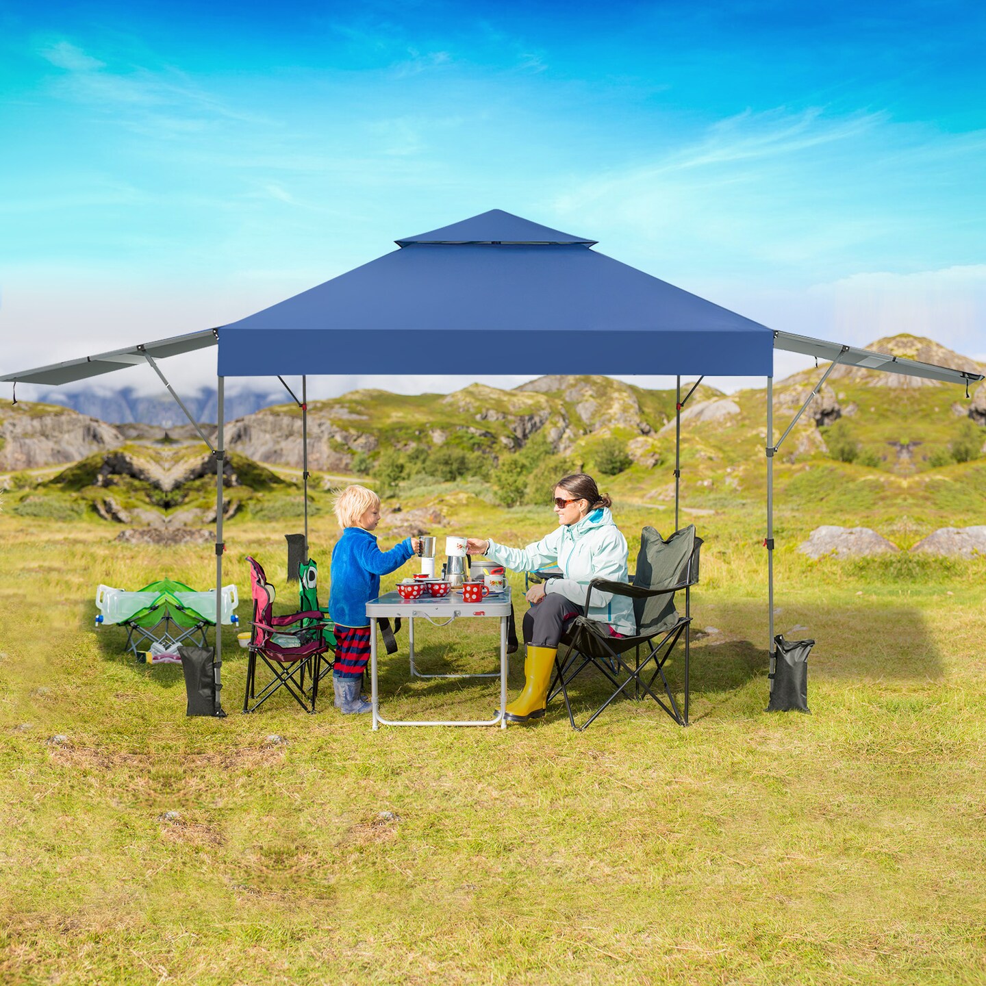 10 x 17.6 Waterproof 3 Heights Pop Up Canopy Tent with Silver Coating and Windproof Design, Dual Awnings