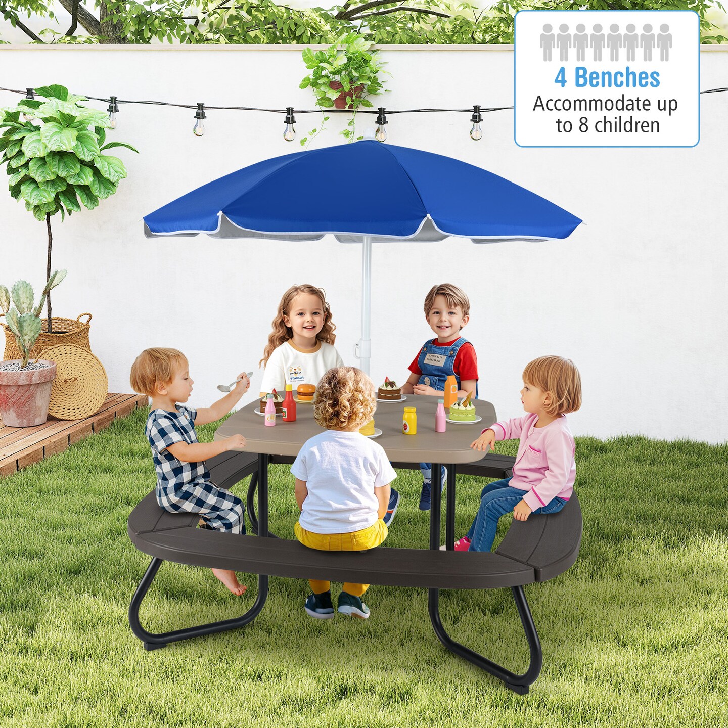 Kids Outdoor Play Table with Collapsible Umbrella and Heavy-Duty Metal Frame