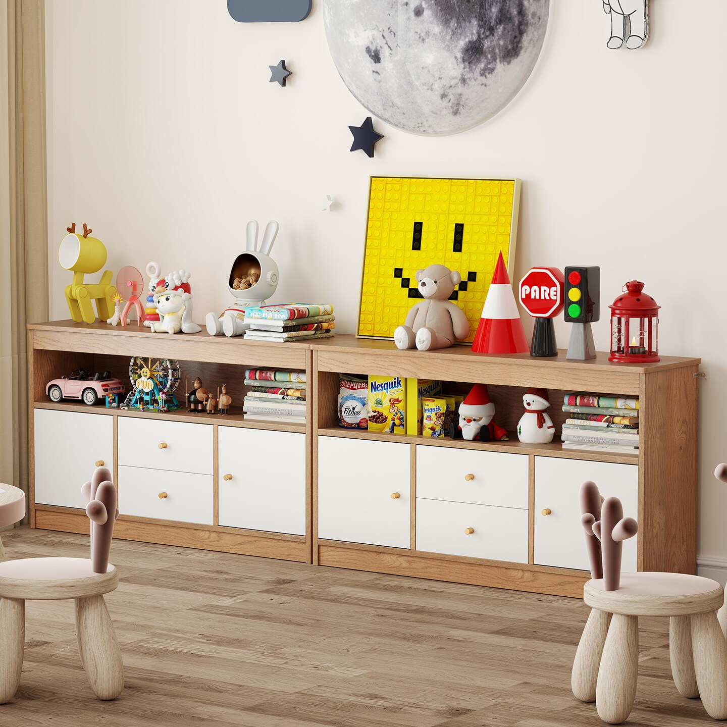 Kids Storage Organizer with Cabinets and Drawers Wooden Toy Shelf for Bedroom or Playroom