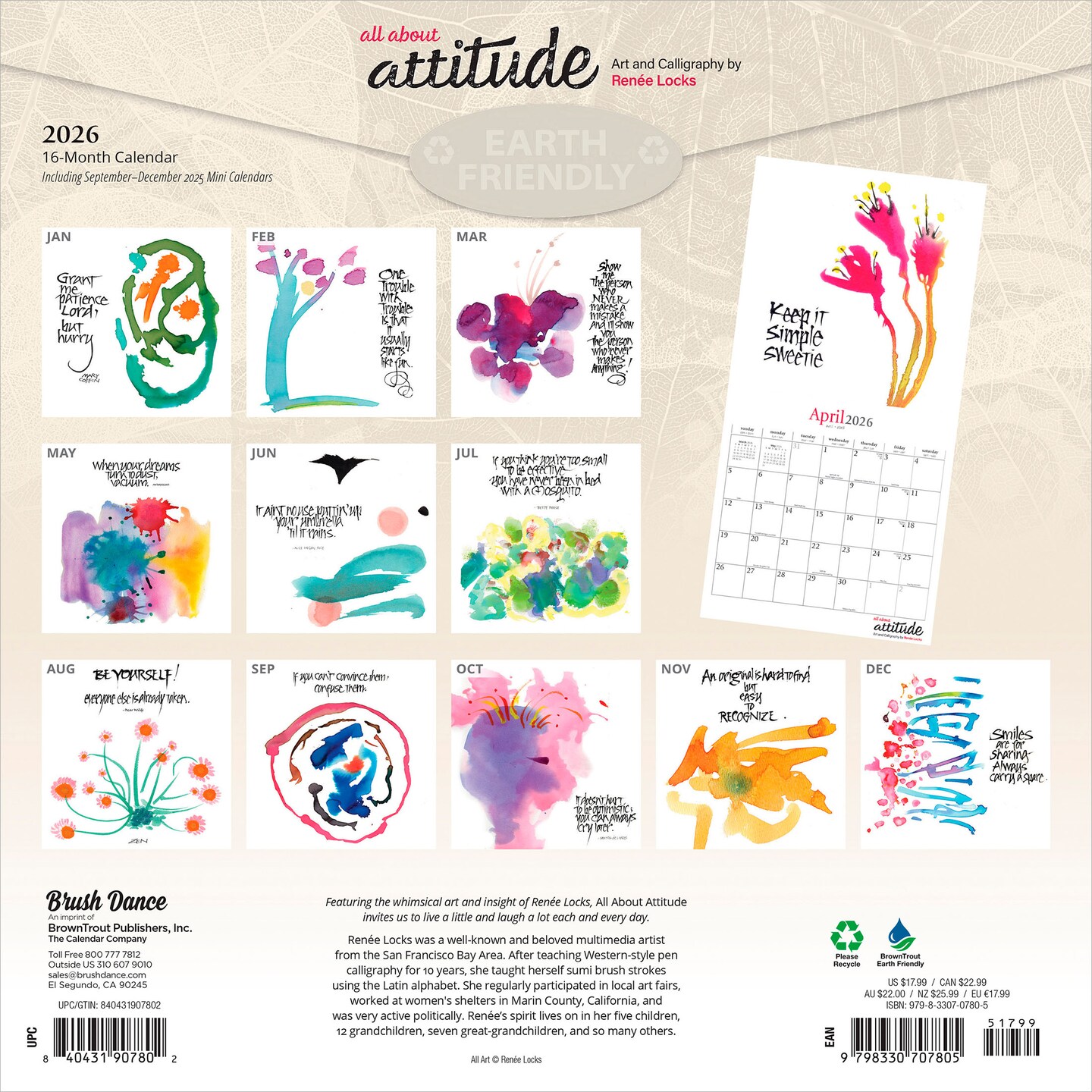 All About Attitude | 2026 12 x 24 Inch (Hanging) Monthly Square Wall Calendar | Featuring the Artwork of Renee Locks | Plastic-Free | Brush Dance | Art Paintings Inspiration Motivation