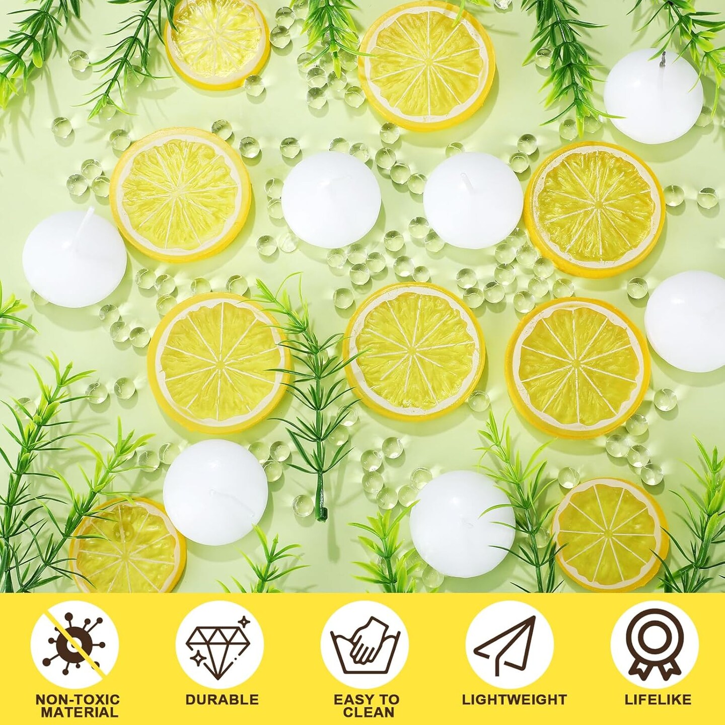 98 Pcs Lemon Vase Fillers with Floating Candles Kit 60 Artificial Lemon Slices 12 Floating Candles 24 Artificial Rosemary 2 Bags Water Gels for Mason Jar Table Centerpiece3