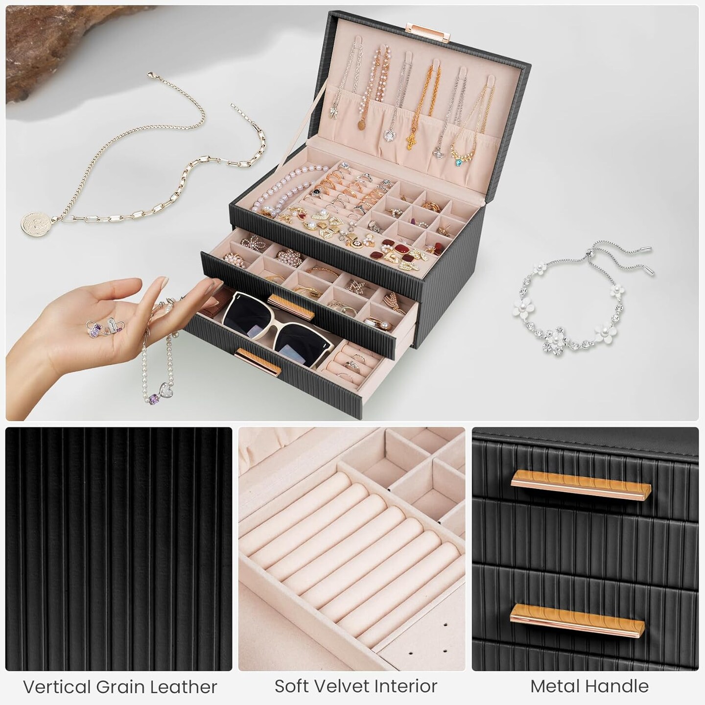 Elegant 2-Drawer Jewelry Box for Women – Large PU Leather Organizer for Necklaces, Rings, Earrings & Bracelets, Black & Gold Storage Case, Perfect Gift (Black)