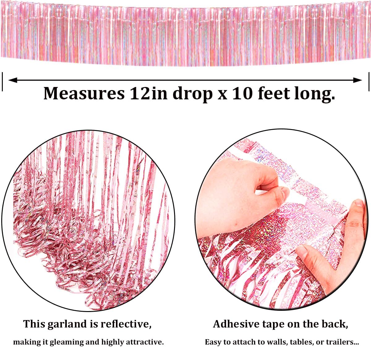 4 Pack Total 40 Feet Foil Fringe Garland Metallic Tinsel Banner Wall Hanging Drapes Parade Float Skirting Decorations for Trailer Mardi Gras Party Birthday Wedding (Iridescent Pink)