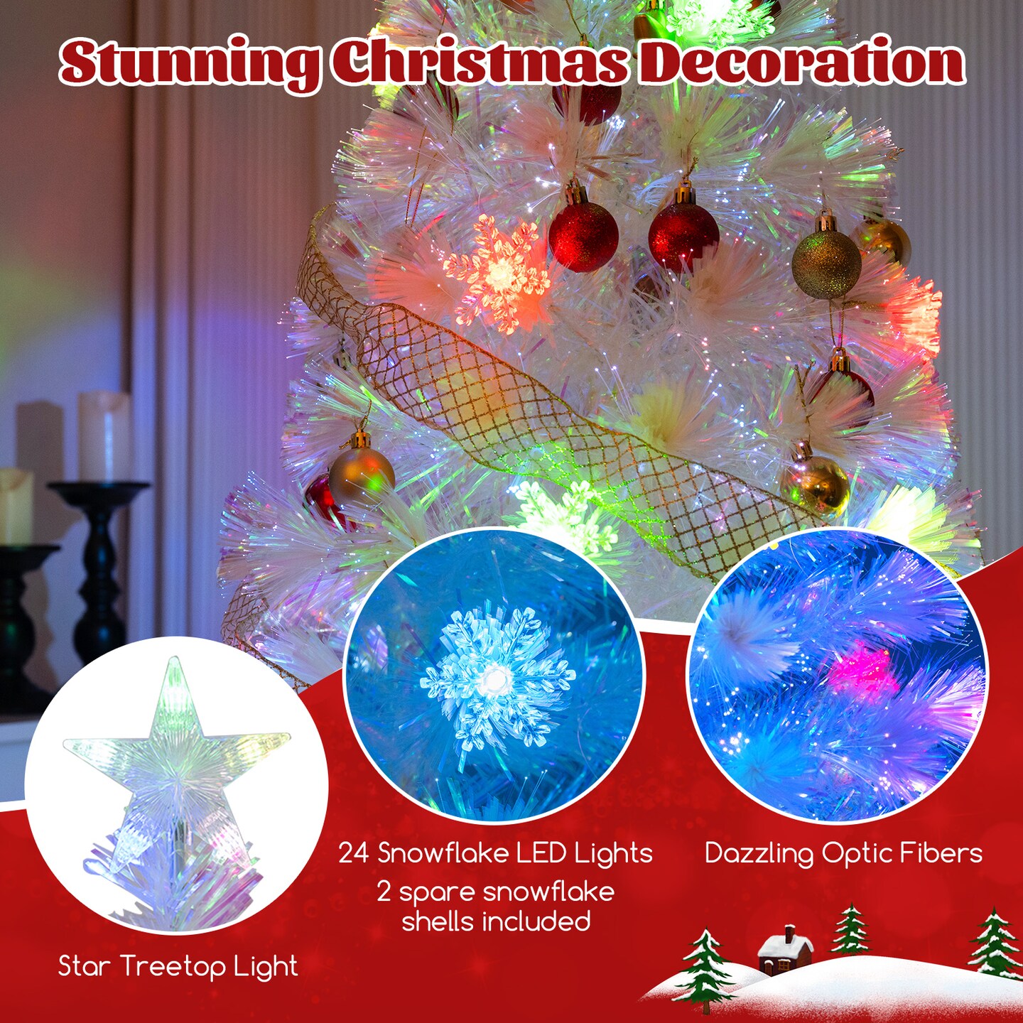 White Fiber Optic Christmas Tree with Multi-Color LED Lights and Foldable Metal Stand