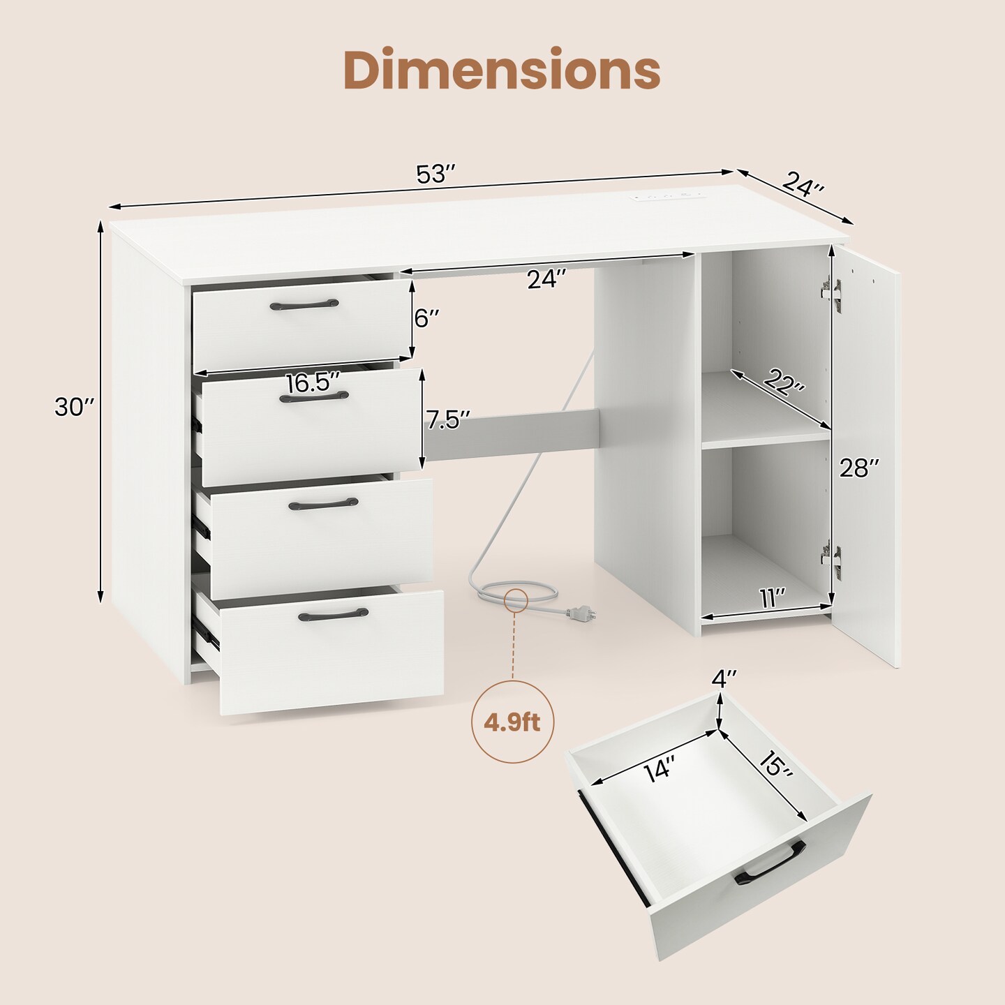 Computer Desk with Drawers, Cabinet and Charging Ports for Home Office