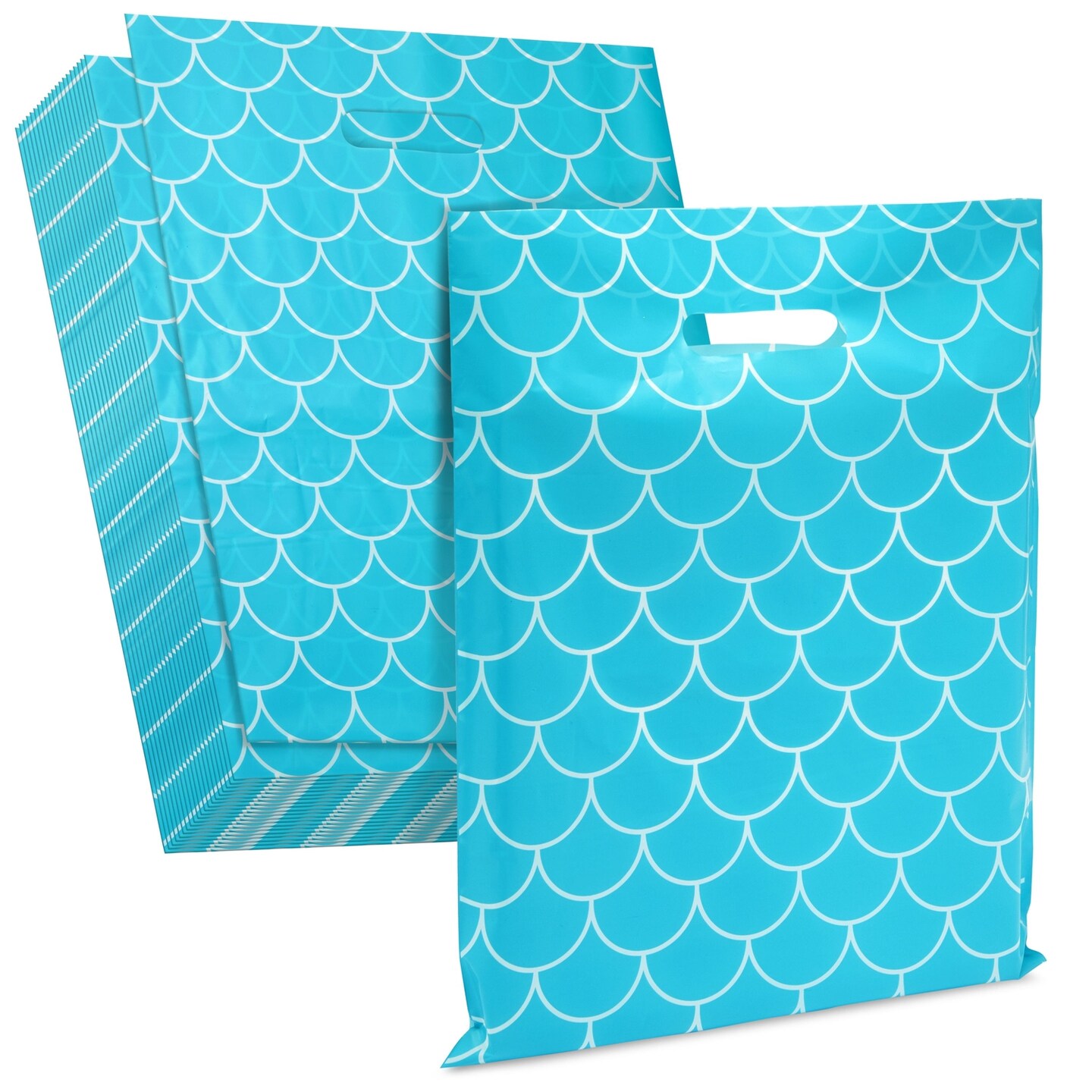 100 Pack Small Merchandise Bags with Handles for Boutique, Cute Mermaid Bags for Small Business (Aqua, 12 x 15 In)