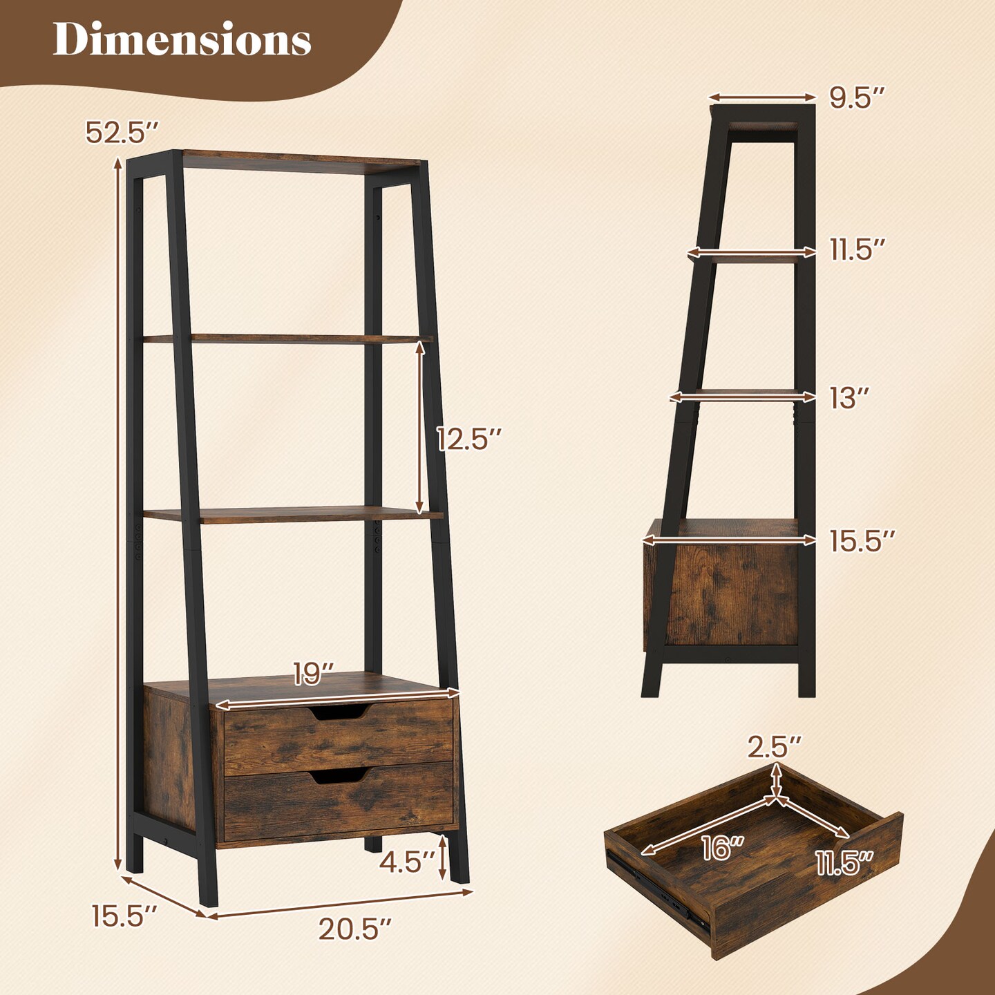 Modern 4-Shelf Ladder Bookcase with Drawers and Sturdy Metal Frame for Living Room or Kitchen