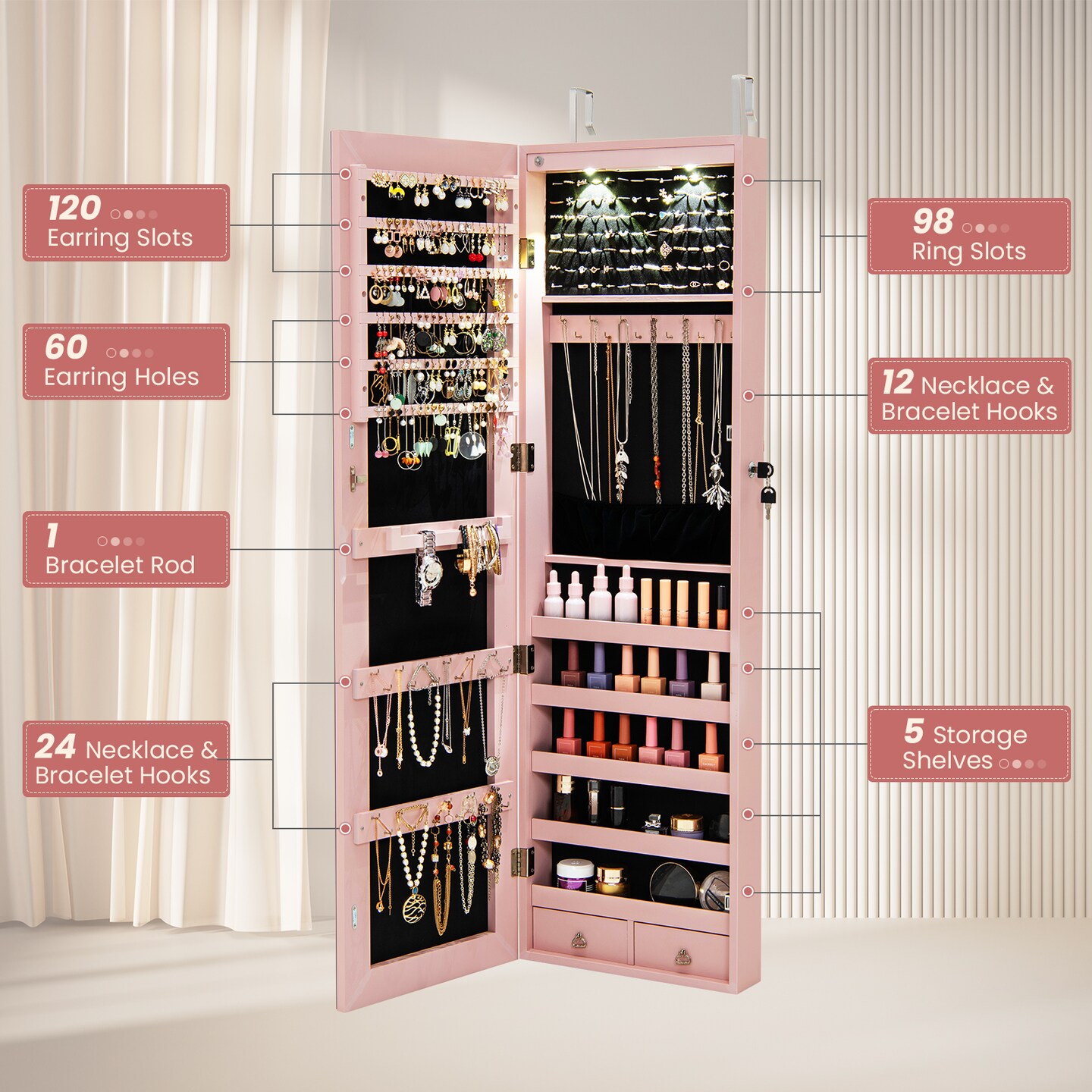 Wall Mounted Lockable Jewelry Cabinet Armoire with Mirror and LED Lights Ideal for Large Rooms