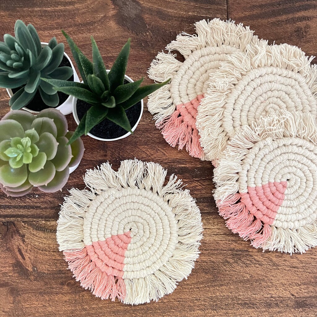 Boho Macrame Coasters Set of 4 Woven Cotton Drink Mats for Home Decor