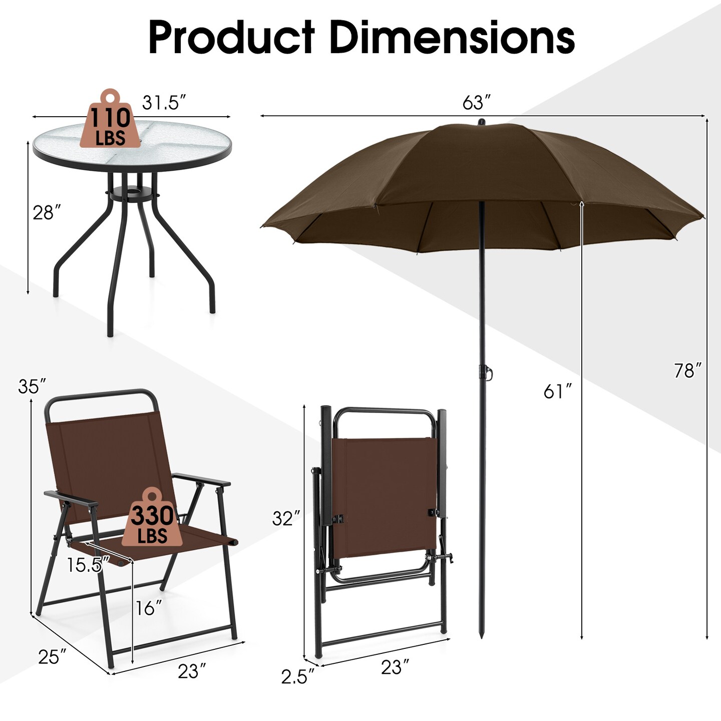 6-Piece Coffee Patio Set with Folding Chairs, Tempered Glass Table & 71