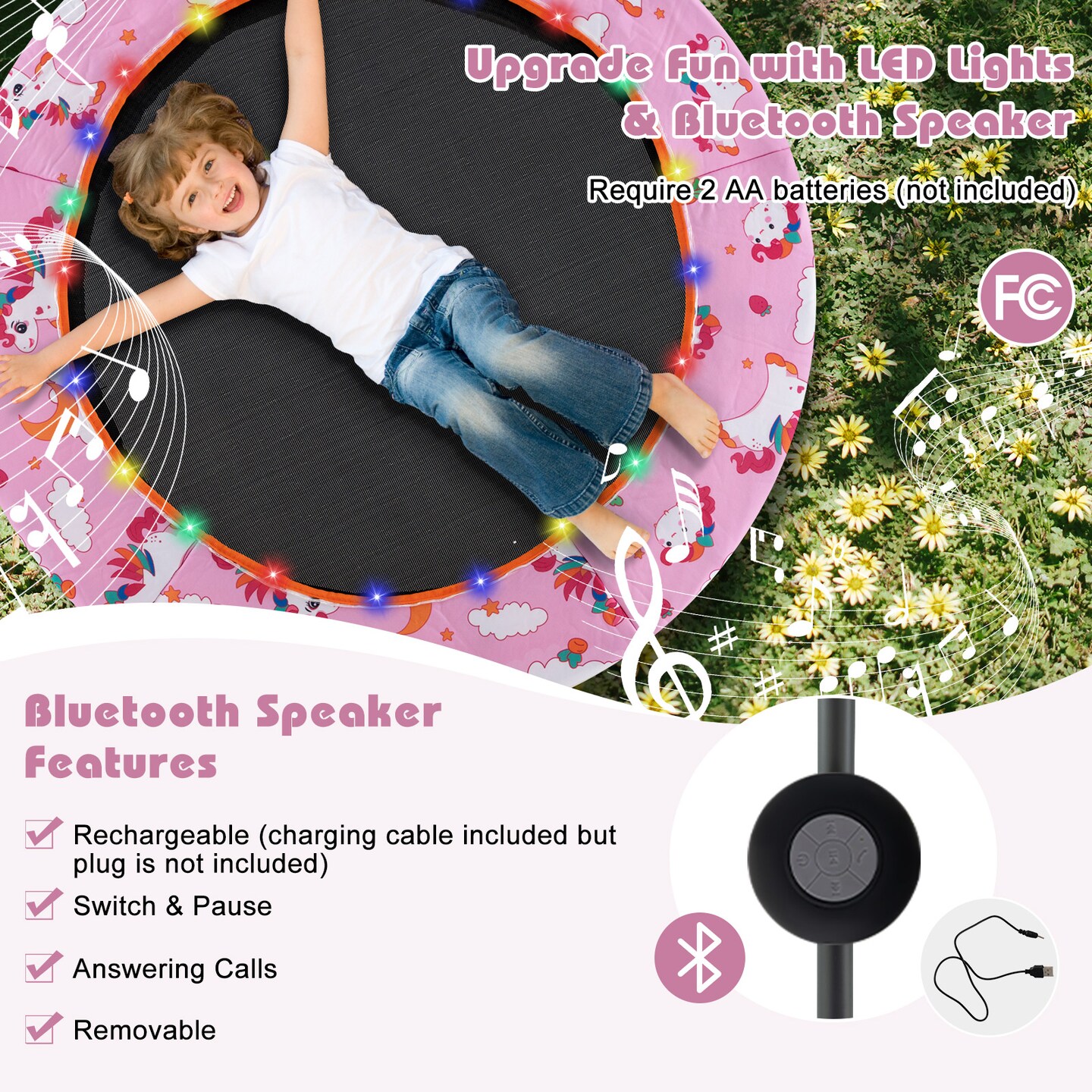Kids Mini Trampoline with Music Lights Bluetooth Speaker Indoor Toddler Jumping Trampoline