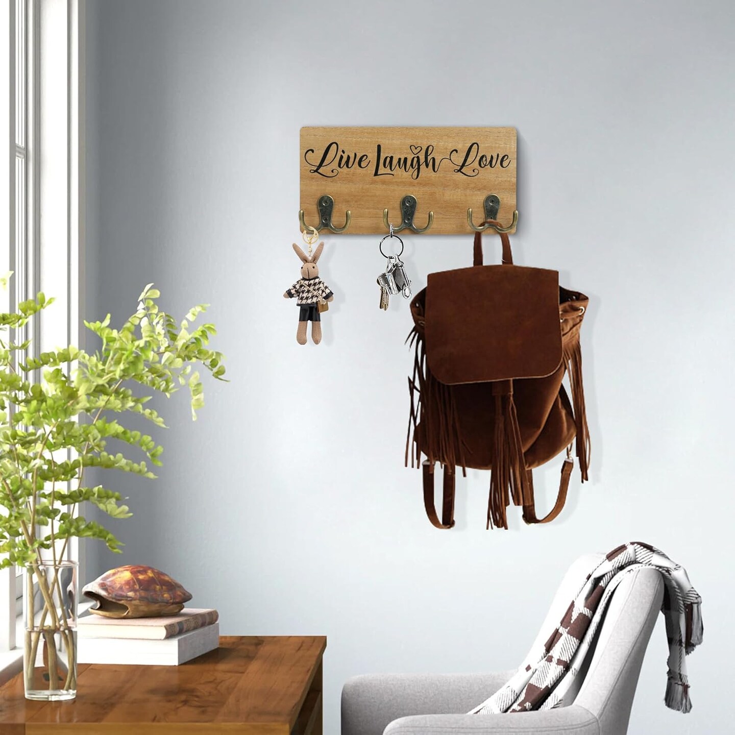 Key Holder for Wall Decorative with 3 Hooks, Wall Mounted Farmhouse Keys Hanger Organizer, Wood Rustic Hanging Key Hooks for Entryway Home Decor