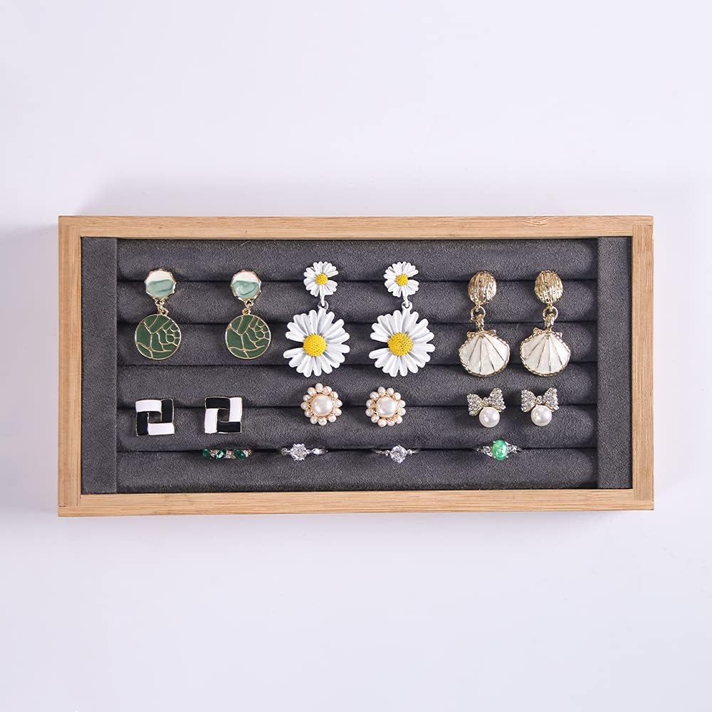 Bamboo Ring Earrings Display Holder Jewelry Storage Tray Organizer (gray)