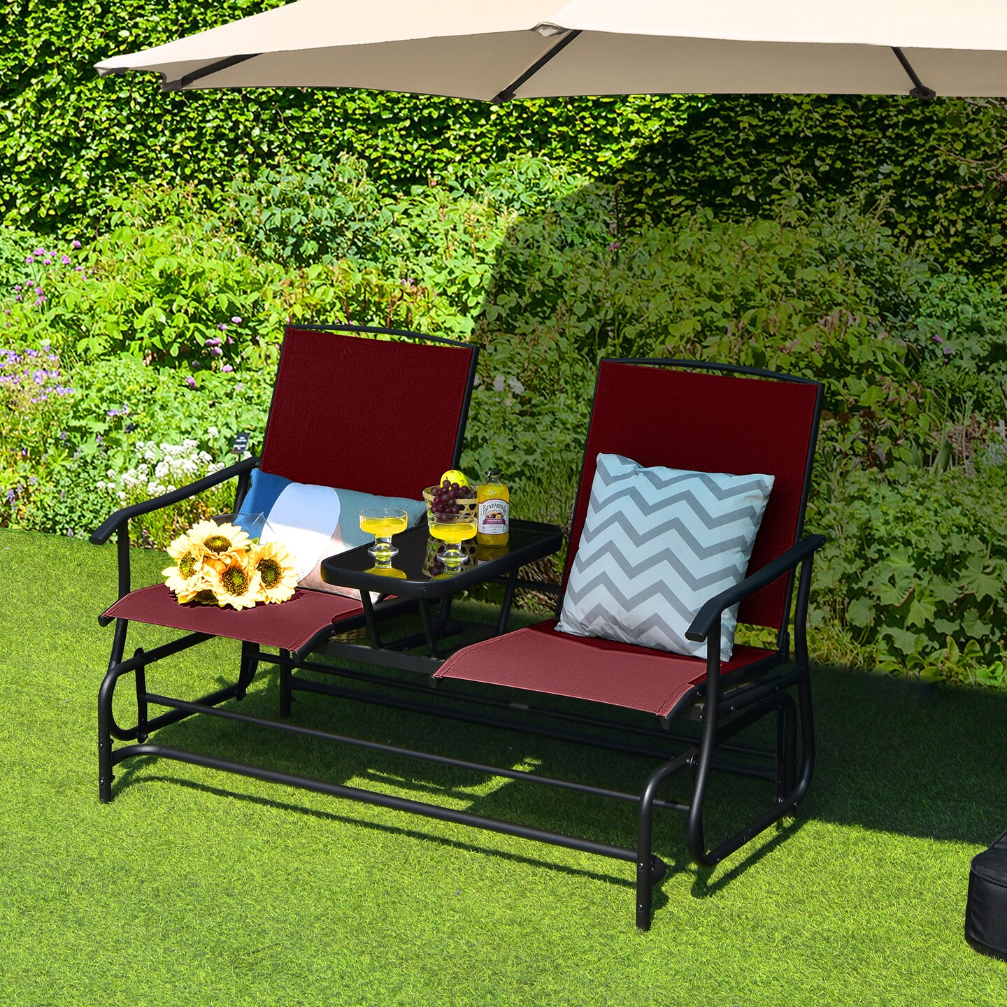 Comfortable 2-Person Double Rocking Loveseat with Glass Table and Armrests