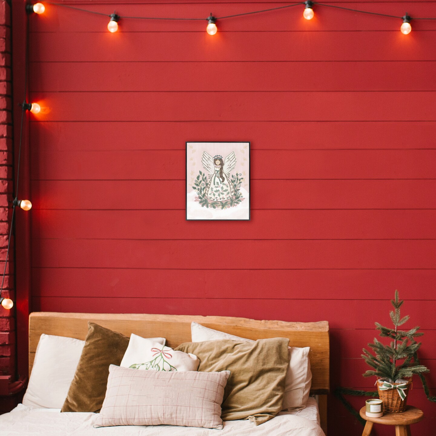 Stupell Industries Christmas Angel with Botanicals  Black Framed Giclee Art, design by Connie Summers