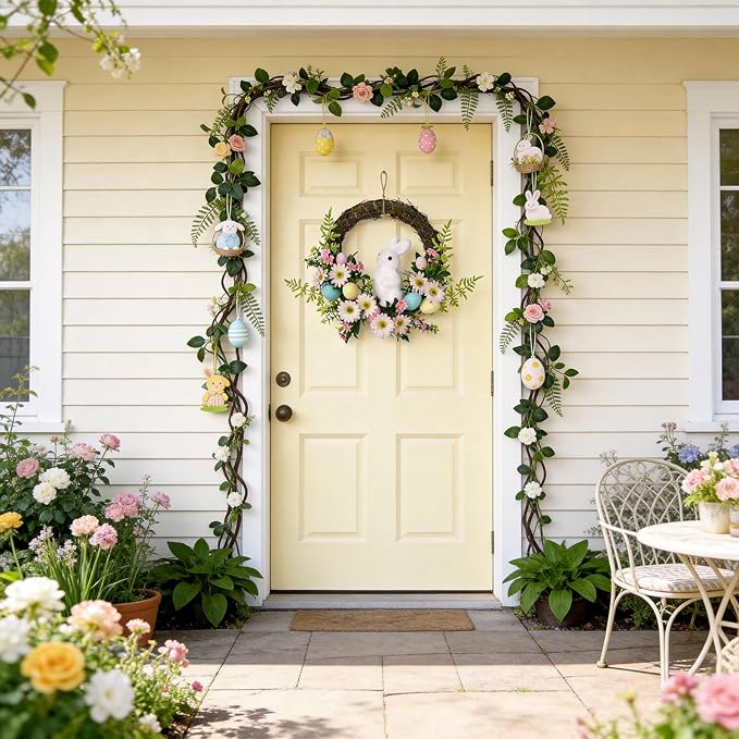 Easter Wreath, Easter Decorations 16 in Easter Font Door Wreath with Easter Bunny and Colorful Flowers and Decorative Eggs, Spring Front Door Decoration for Home Party and Holiday Celebrations
