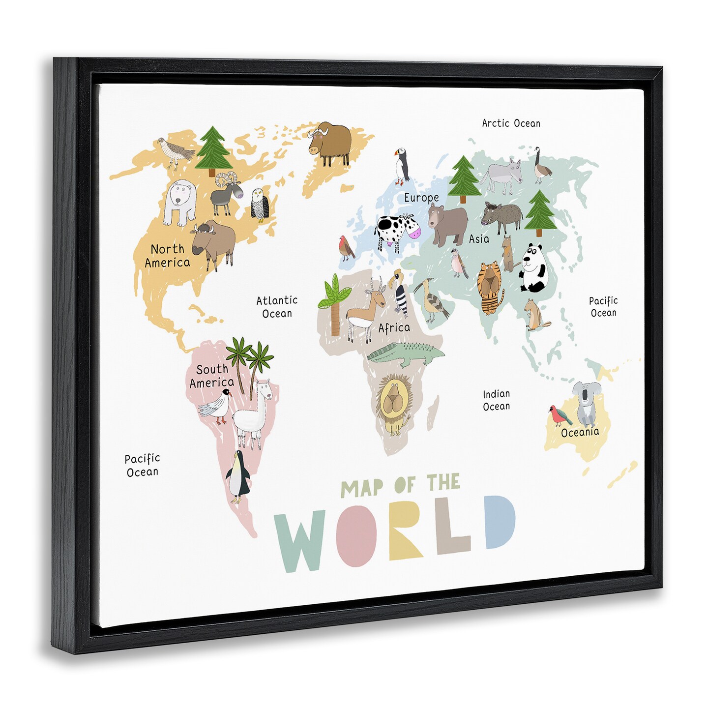Stupell Industries Map Of World Pastel Animals Floating Frame, design by Carla Daly