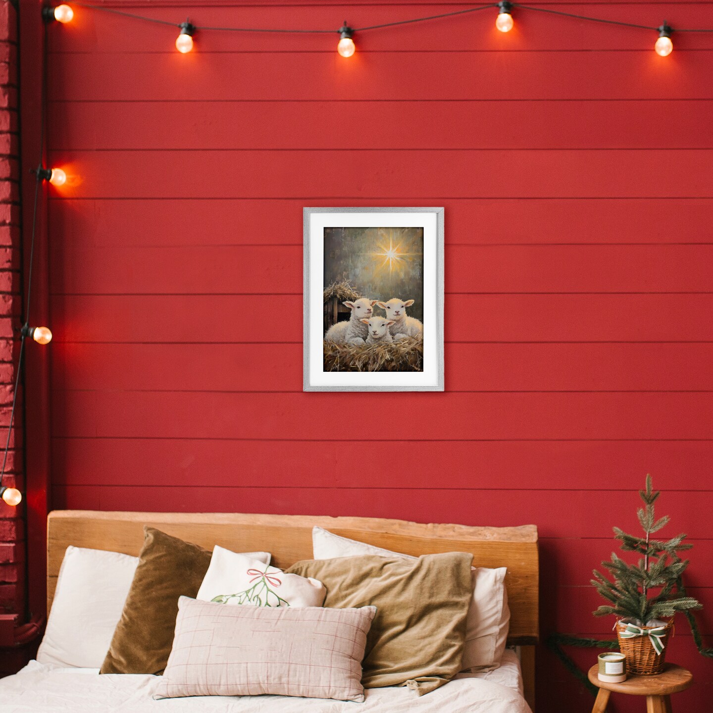 Stupell Industries Festive Lambs in Stable Framed Print Under Glass, design by Petal Prints Design