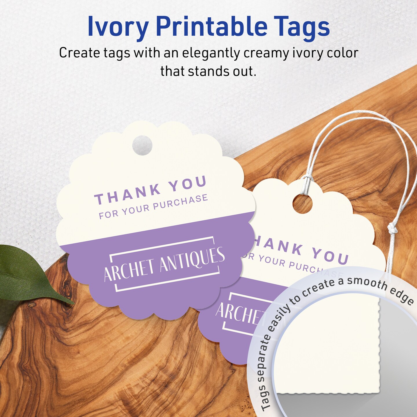 2-1/2" Diameter Round Scalloped Edge, Matte Ivory Printable Tags
