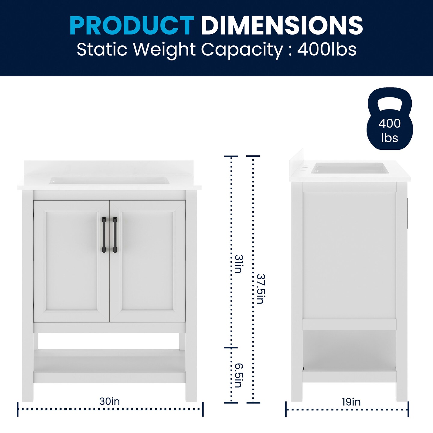 Merrick Lane Vigo Bathroom Vanity with Ceramic Sink, Carrara Marble Finish Countertop, Storage Cabinet with Soft Close Doors and Open Shelf