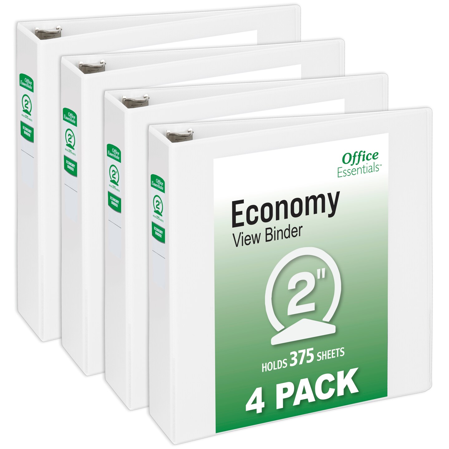 Office Essentials Economy View 3 Ring Binders, 2" Round Rings, 2.8" Spine, 375-Sheet Capacity, White Binders (4-Pack of 03146)