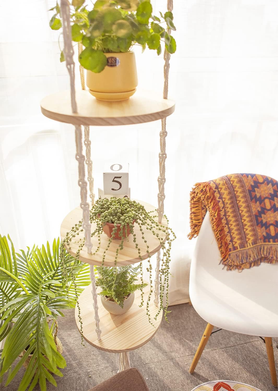 Macrame 3-Tier Hanging Shelf with Rope – Boho Floating Round Shelves for Plants, Flower Pots, Lamp Shades, and Home Decor – 1 Set