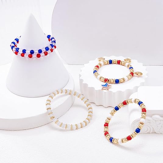 4th of July Bracelets for Women American Flag Patriotic Bracelet Set Red White Blue Independence Day Beaded Bracelets Boho Stretch Beads Bracelets USA Heishi Surfer Charm Bracelet Summer Beach Bracelets Jewelry