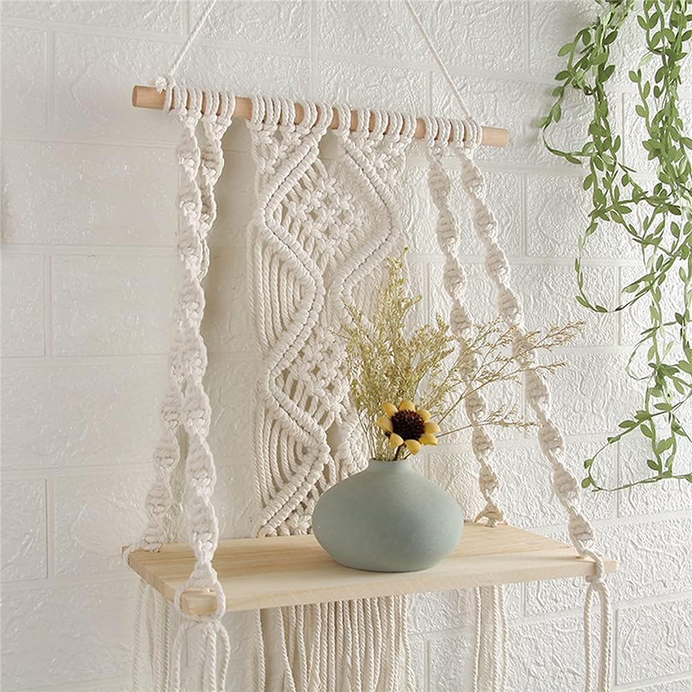 Macrame Wall Hanging Plant Shelf Handmade Boho Rope Shelf for Indoor and Outdoor Use, Floating Wooden Shelve for Plants and Decorative Display