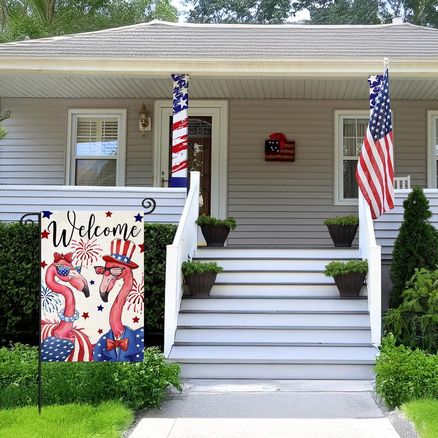 4th of July Garden Flags for Outside, Patriotic Flamingo Yard Decoration, Small Seasonal Outdoor Decor for Summer Independence Day, Memorial Day,Veteran&#x27;s Day Farmhouse Holiday,12x18 Inch Double Sided