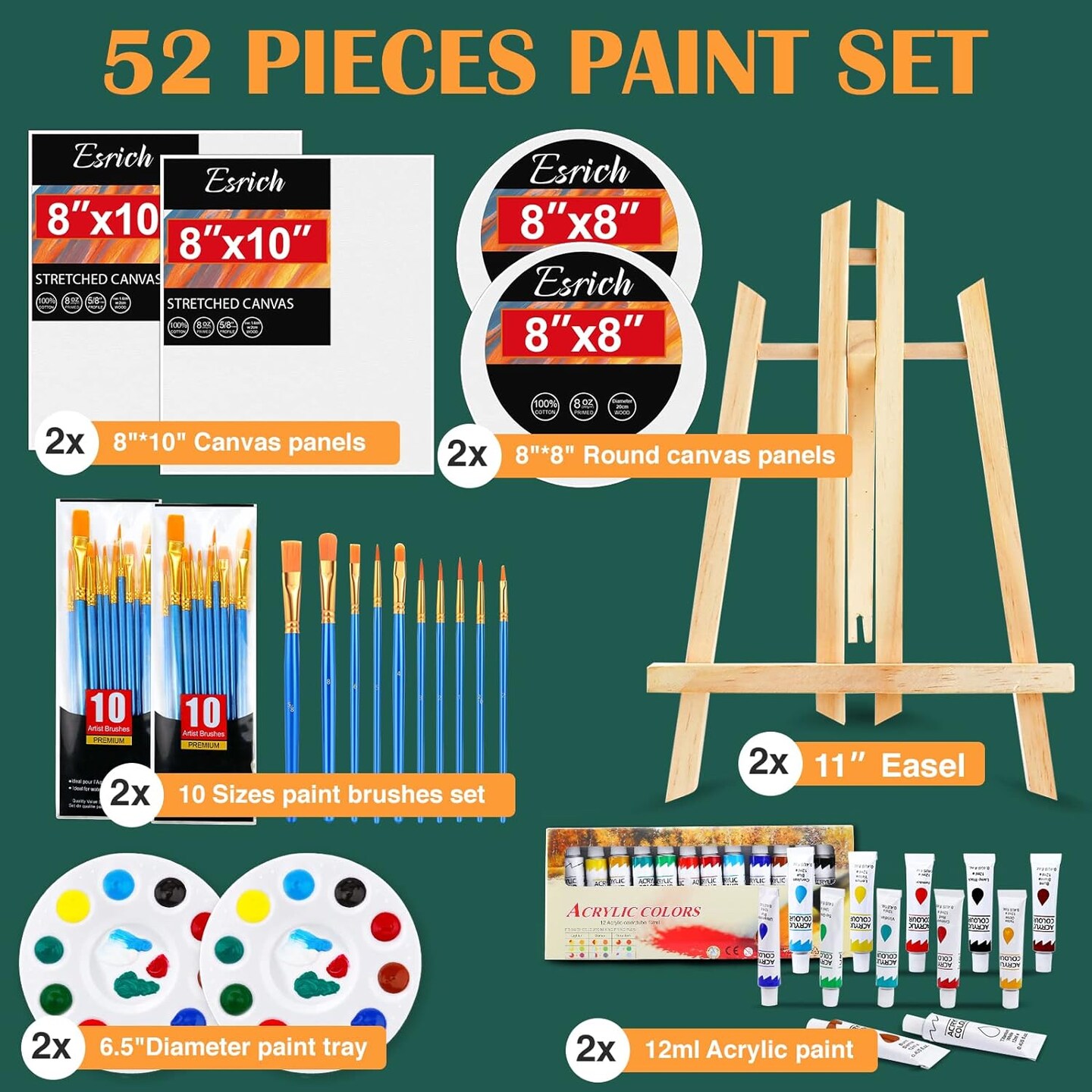 Acrylic Paint Canvas Set,52 Piece Professional Painting Supplies Kit with 2 Wood Easel,2 * 12Colors,2 * 10 Brushes,Circular Canvas Etc,Premium Paint Kit for Kids,Students, Artists and Beginner
