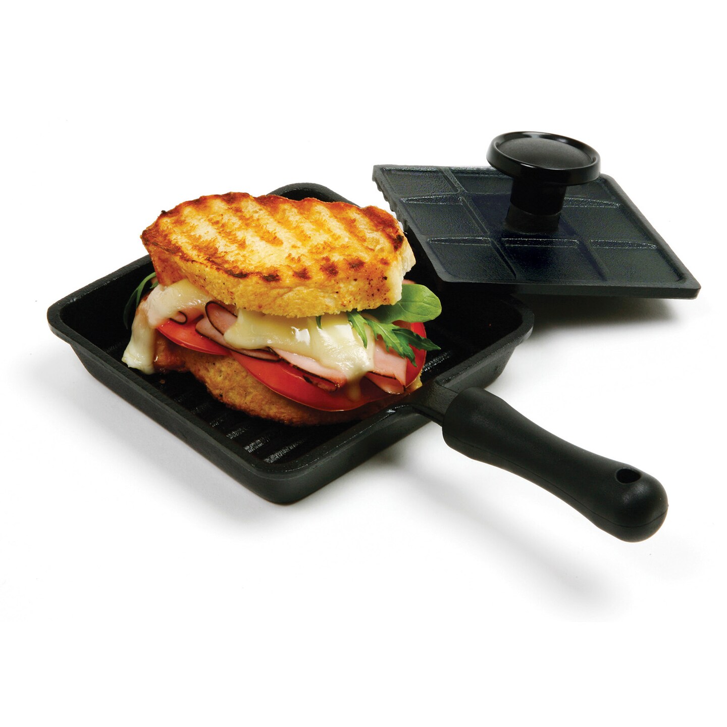 Norpro Pre-Seasoned Cast Iron Mini Panini Pan with Press, Black